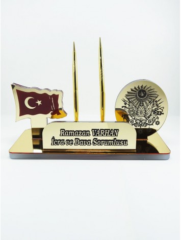 Osmanlı Devlet Armalı Türk Bayraklı Masa İsimliği