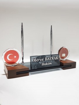 HSK Logolu Türk Bayraklı Kristal Masa İsimlik