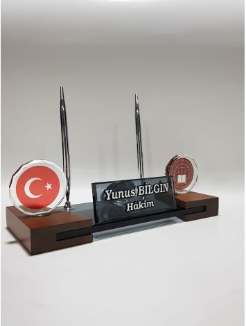 HSK Logolu Türk Bayraklı Kristal Masa İsimlik